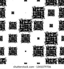 Black and White Chaotic Seamless Pattern. Distressed Fabric Print with African Motif. Grunge Geometric Vector Pattern. Cracked African Textile Design.