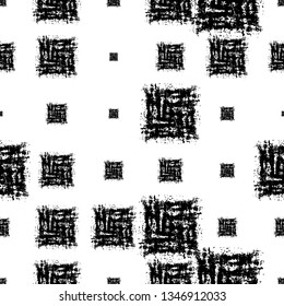 Black and White Chaotic Seamless Pattern. Vintage African Print Design. Black And White Texture with Grungy Squares. Hand Drawn Ethnic Fabric Design.