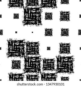 Black and White Chaotic Seamless Pattern. Vintage African Print Design. Black And White Texture with Grungy Squares. Hand Drawn Ethnic Fabric Design.