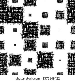 Black and White Chaotic Seamless Pattern. Dirt Paintbrush Tribal Design. Cloth Pattern with Scattered Messy Squares. Hand Drawn Ethnic Fabric Design.