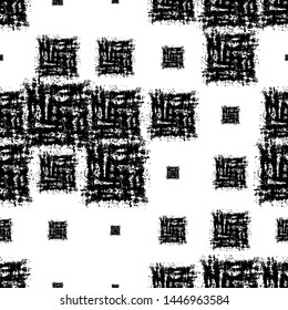 Black and White Chaotic Seamless Pattern. Rusty Smear Fabric Design. Rough Black And White Squares Texture. Ethnic Distressed Fabric Print.