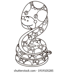 A black and white character of a boa constrictor with a protruding tongue. Cute outline cartoon snake. For colorin book. Vector.