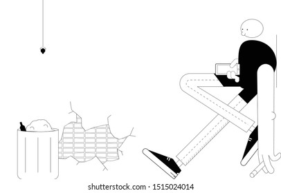 Black white character using smartphone and smoking in the street
