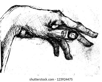 Black and white charcoal sketch of a hand, gesture drawing study over white