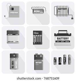 Black and white charging devices in square cells isolated on white background. Electric appliances to recharge energy for longer usage vector illustration. Power containers to restore devices.