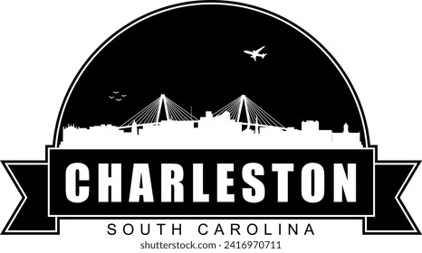 Black and white Charleston South Carolina buildings skyline negative air space silhouette dome shaped emblem with scroll banner below and name text inside. Vector eps graphic design.