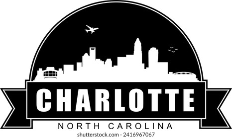 Black and white Charlotte North Carolina buildings skyline negative air space silhouette dome shaped emblem with scroll banner below and name text inside. Vector eps graphic design.