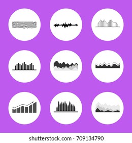 Black and white charts and graphics in circles isolated flat vector illustrations on purple background. Visual presentation of data.