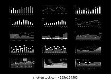 Black and white charts, infographic, diagrams for trading platform, presentations, ui, ux, hud. Financial chart, trend lines, columns,  economy information on vector infographics. Vector graphic set