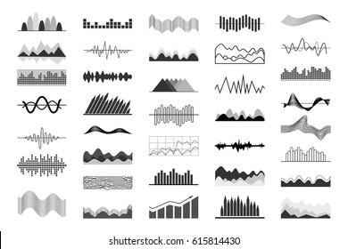 Black and white charts and sound waves indicators isolated on white background. Big set of graphic images. Data display vector illustrations. Information visualization with computer program.