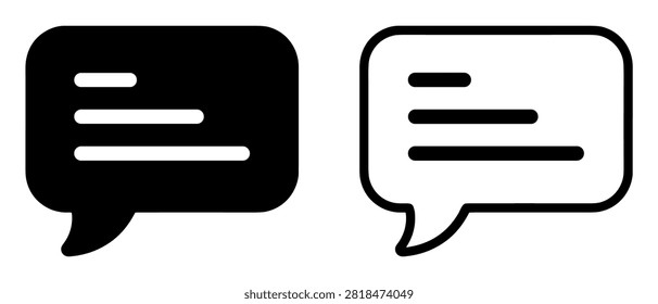 Black and white chat bubble icons with text lines representing communication and messaging on transparent background