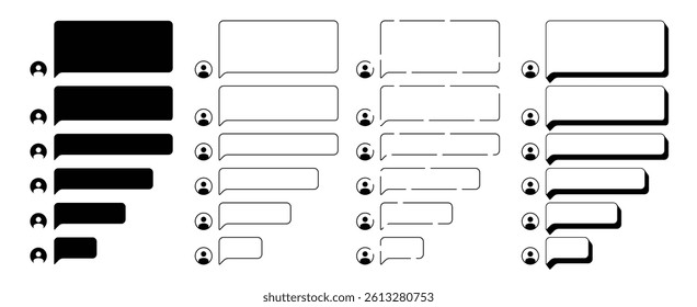 Black and White Chat Bubble Vector Pack with Profile Icons Speech Balloon Templates in Flat Outline and Solid Styles Transparent Background PNG for Messaging UI App Interface and Communication graphic