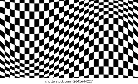 Black and white check box wave background. checker abstract background. geometric pattern with visual distortion effect. sport race finish success
