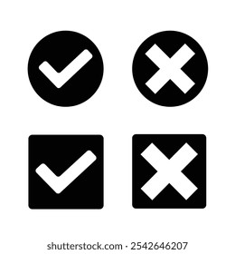 Black white check mark. Black white cross mark icon set. Round check and cross mark icon. Square Check and cross mark icon.
