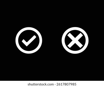 Black and White Check Mark and Cross Icon, Vector Fully Editable illustrator EPS File.