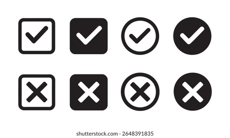Black and White Check Mark and Cross Icons Set Square and Round Shapes Graphic Design Elements