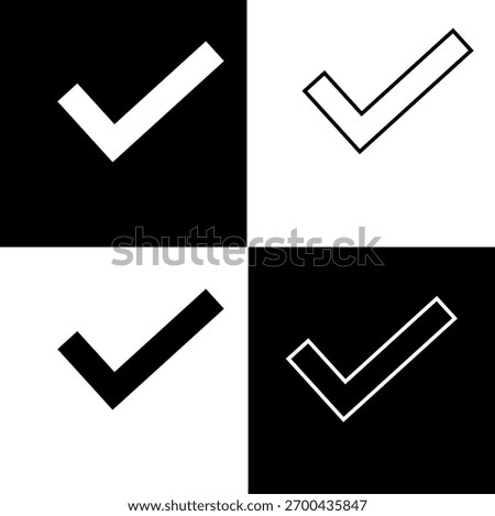Black and White Check Mark Icon Set — Minimal Tick Symbol Design. A minimalist black and white check mark icon set displayed in a four-square grid layout. use in user interfaces, apps and websites.