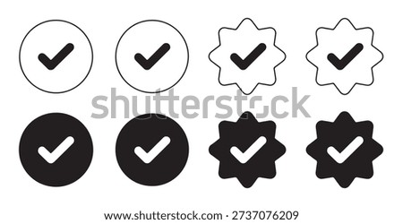 Black and white check mark icons in circles and starburst shapes, modern vector illustration for approval concepts