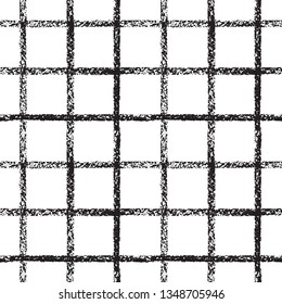 Black and white check, square, plaid, lattice vector repeat seamless vector pattern. Vertical and horizontal chalk, pastel, brush drawn textured crossing stripes, bars. Chequered geometric background.