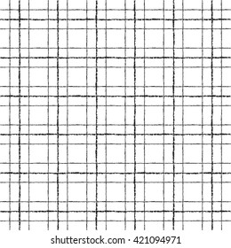 Black and white check, square, plaid vector seamless pattern. Vertical and horizontal brush drawn textured crossing stripes. Chequered geometric background. Black bars of different width. 