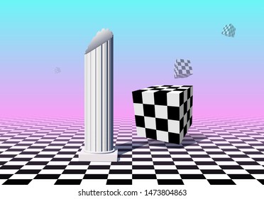 Black and white checked cubes flying over checkered floor with column, pink and blue gradient background in vaporwave style