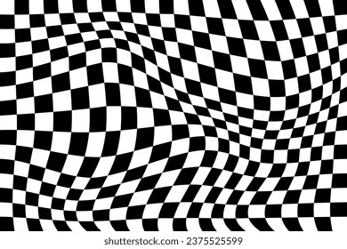 Black and white checker pattern vector illustration. Wave abstract checkered chessboard or checkerboard for game, grid with geometric square shape, race or rally flag and mosaic floor tile.