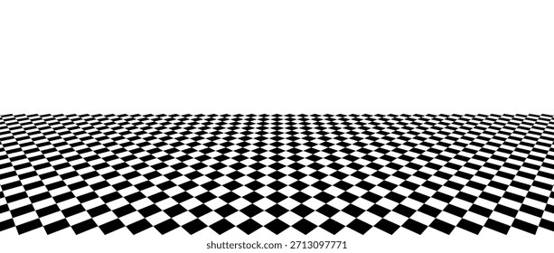 Fondo de piso de tablero de ajedrez blanco y negro. Abstractas patrón de azulejo a cuadros en perspectiva. Vector Horizontal tablero de ajedrez rejilla superficie plana. Retro vintage sala de bolas vacía checker piso
