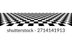 Black and white checkerboard floor in perspective. Fading checkered tile pattern background. Retro horizontal chess board grid plane surface. Vintage empty room stage checker floor
