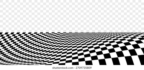 Black and white checkerboard floor in perspective. Abstract checkered tile pattern background. Retro horizontal chess board grid plane surface.