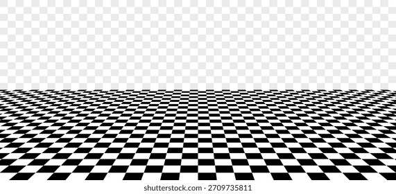 Black and white checkerboard floor in perspective. Abstract checkered tile pattern background. Retro horizontal chess board grid plane surface.