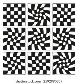 Black white checkerboard. Optical illusion pattern. Wavy checkered texture. Abstract geometric shape.