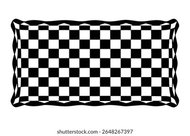 Um padrão de tabuleiro de xadrez preto e branco é mostrado dentro de uma borda preta ondulada. Os quadrados são uniformemente dimensionados e criam um padrão de repetição. O estilo geral é simples e gráfico