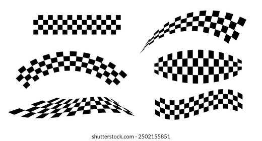 Black and white checkerboard trippy pattern set. Wavy chess board. Abstract chess background. Different wavy grid geometric shapes. Race flags. Retro mosaic.