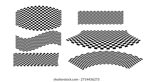Preto e branco xadrez trippy padrão definido. Tabuleiro ondulado de xadrez. Resumo do xadrez. Diferentes formas geométricas de grade ondulada. Bandeiras de corrida. Mosaico retrô.