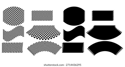 Black and white checkerboard trippy pattern set. Wavy chess board. Abstract chess background. Different wavy grid geometric shapes. Race flags. Retro mosaic.