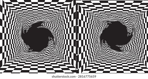 A black and white checkerboard tunnel creating an optical illusion effect, emphasizing depth and perspective in an abstract design.