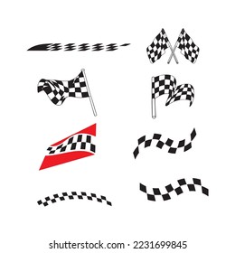 Black and white checkered auto racing flags and finishing tape vector set. Sport flag for competition race, winner check flag illustration