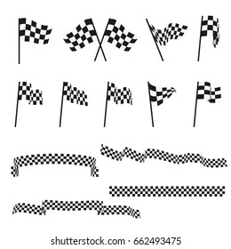 Black and white checkered auto racing flags and finishing tape vector set. Sport flag for competition race, winner check flag illustration