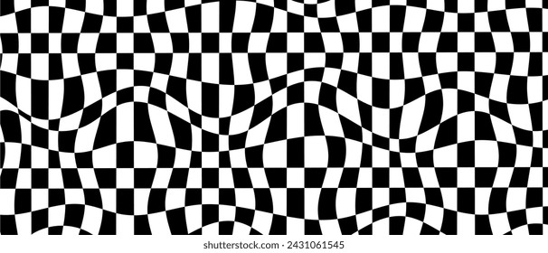 Black and white checkered background with distortion effect. Distorted chess board. Print, optical illusion, monochrome, abstract geometric pattern. Vector illustration