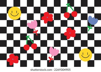 black and white checkered background with smile, flower, cherry icon colorful vector. 