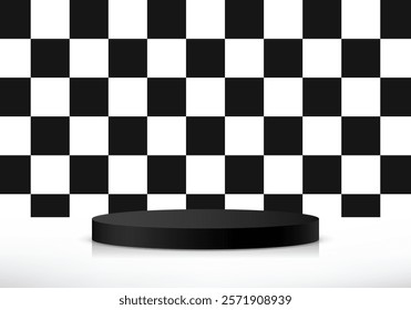 Black and white checkered background vector 3d with podium. Empty pink studio room background. Space for selling products on the website. Vector illustration.