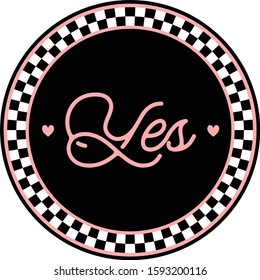 Black and white checkered circle with pink text