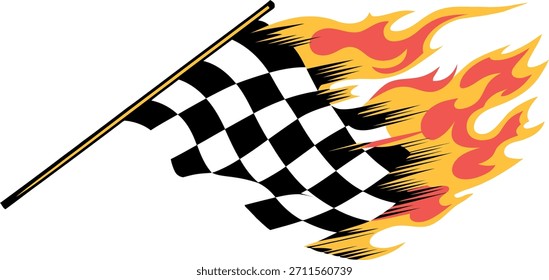 Bandeira quadriculada preta e branca com chamas e linha de chegada com bandeira de corrida de polo amarela