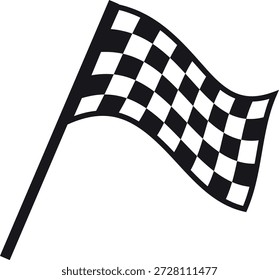 Eine schwarz-weiß karierte Fahne auf einem Fahnenmast, der im Wind flattert. Symbolt die Ziellinie, den Sieg oder das Ende eines Rennens. Motorsport, Geschwindigkeit, Wettbewerb. Aufkleber, Emblem, Schild. Flacher Vektor.