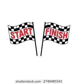 Black and white checkered flags displaying the words start and finish