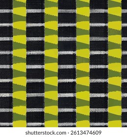 Black and white checkered pattern with lime green accents, grunge lines ikat pattern, striped seamless pattern, Vector illustration background for print the paper.