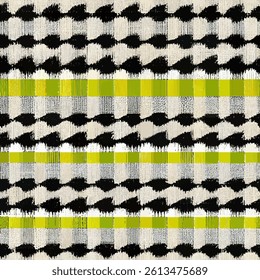 Black and white checkered pattern with lime green accents, grunge lines ikat pattern, striped seamless pattern, Vector illustration background for print the paper.