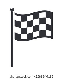 Black and white checkered racing flag waving on a pole. Simple monochrome vector on a white background. Symbol of finish, victory, and motorsport competition. Vector illustration