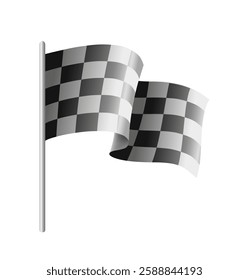 Black and white checkered racing flag on a pole waving in the wind, isolated on a white background. Symbol of motorsports, competition, speed, and victory. Vector illustration
