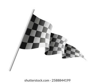 Black and white checkered racing flag waving on a pole, isolated on a white background. Symbol of motorsport, competition, and victory. Vector illustration